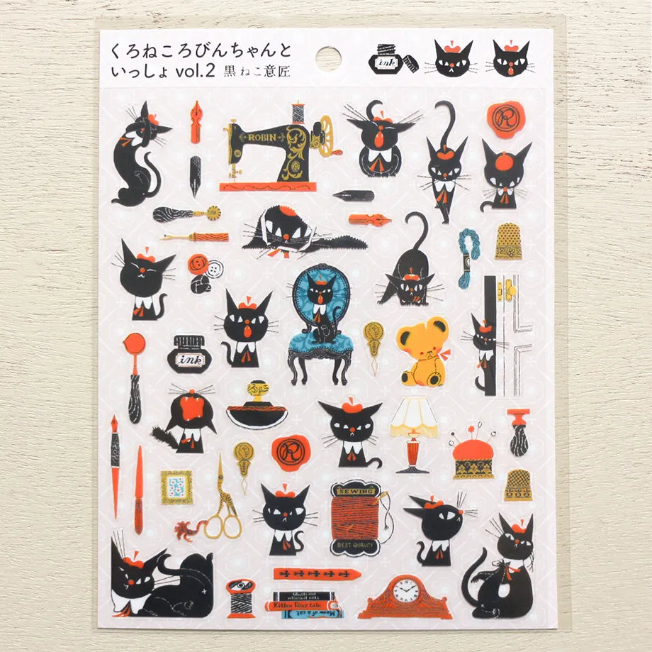 A sticker featuring a stylish black cat named 'Robin-chan' as the main character.
Robin-chan's pose, which gives off the unique softness of cats, is irresistibly cute.
The sewing machine, sewing kit, pen nibs, ink, sealing stamps, and other stylish items lined up are also stylish.
Printed on PET material, the stickers have a smooth, durable finish that’s easy to peel and place - great for both everyday use and special projects.
✨ Product Details
Smooth, durable PET sticker material
Perfect for planners,