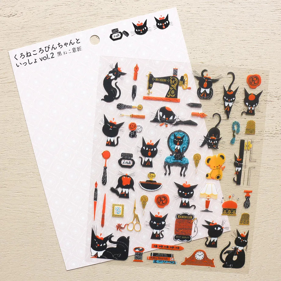 A sticker featuring a stylish black cat named 'Robin-chan' as the main character.
Robin-chan's pose, which gives off the unique softness of cats, is irresistibly cute.
The sewing machine, sewing kit, pen nibs, ink, sealing stamps, and other stylish items lined up are also stylish.
Printed on PET material, the stickers have a smooth, durable finish that’s easy to peel and place - great for both everyday use and special projects.
✨ Product Details
Smooth, durable PET sticker material
Perfect for planners,