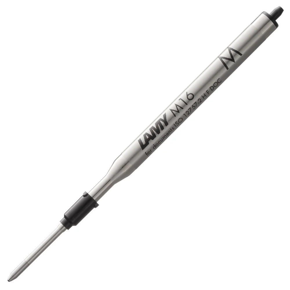 The LAMY M 16 metal ballpoint refill ensures smooth, consistent writing and a precise, refined finish – perfect for everyday use. Available in blue and black for a medium line width – ideal for personalizing notes, letters, or sketches. All Lamy ballpoint pens write with the Lamy LAMY M16 large-capacity refill, which can be replaced quickly and easily.
Includes 1 refill. 