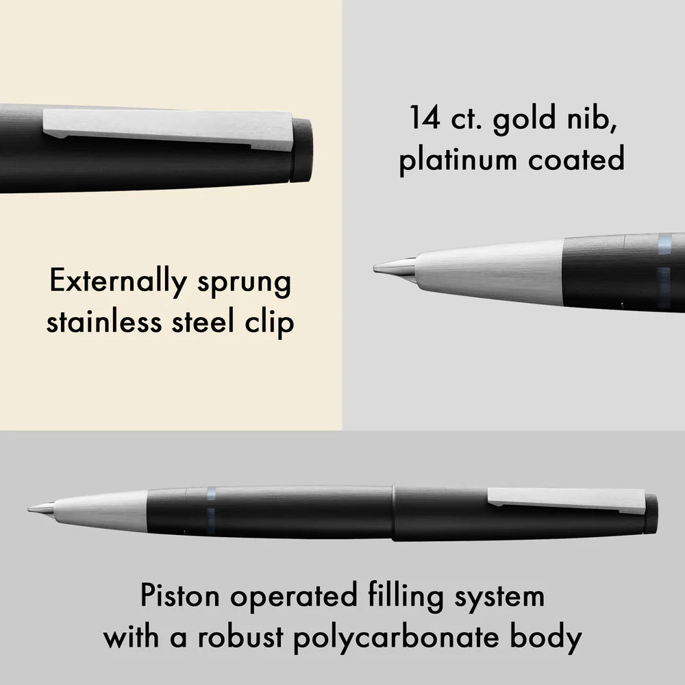 In the beginning was the LAMY 2000: since 1966, the icon has been writing design history. Then as now, the LAMY 2000 has always been a fixture of the LAMY design. It stands out above all for its high level of engineering and embodies a unique symbiosis of aesthetics and functionality. Experience a premium-grade writing experience thanks to seamless material combinations, an externally sprung stainless steel clip and comfortable body balancing.
Piston operated filling system
fibreglass
fittings: stainless s
