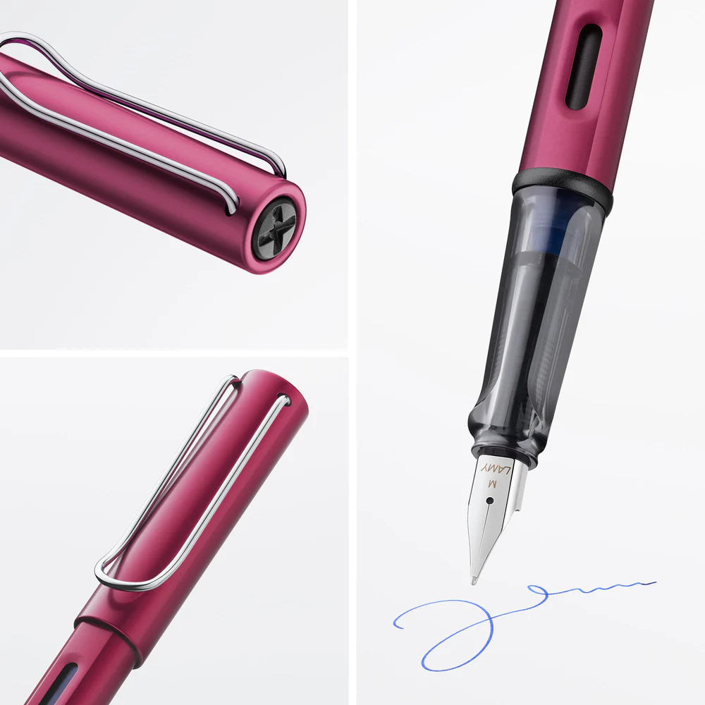 Light, lighter, LAMY AL-star: the writing classic made of resistant aluminium masters all challenges of everyday life in style. The transparent grip lies comfortably in the hand and, with an unobstructed view of the ink duct, turns the functional into a visual highlight. The series is ever inspiring with new special editions in current trendy colours and is thus an inspiring must-have in any pencil case.
Lightweight fountain pen with polished steel nib and ergonomic grip made of high-quality transparent pl