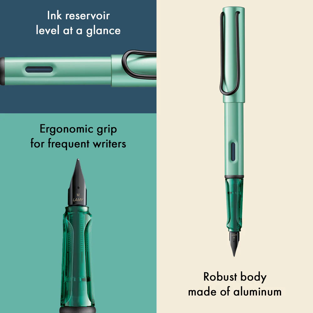 Light, lighter, LAMY AL-star: the writing classic made of resistant aluminium masters all challenges of everyday life in style. The transparent grip lies comfortably in the hand and, with an unobstructed view of the ink duct, turns the functional into a visual highlight. The series is ever inspiring with new special editions in current trendy colours and is thus an inspiring must-have in any pencil case.
Lightweight fountain pen with polished steel nib and ergonomic grip made of high-quality transparent pl