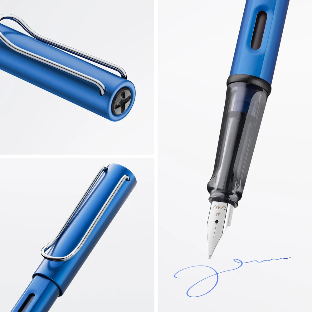 Light, lighter, LAMY AL-star: the writing classic made of resistant aluminium masters all challenges of everyday life in style. The transparent grip lies comfortably in the hand and, with an unobstructed view of the ink duct, turns the functional into a visual highlight. The series is ever inspiring with new special editions in current trendy colours and is thus an inspiring must-have in any pencil case.
Lightweight fountain pen with polished steel nib and ergonomic grip made of high-quality transparent pl