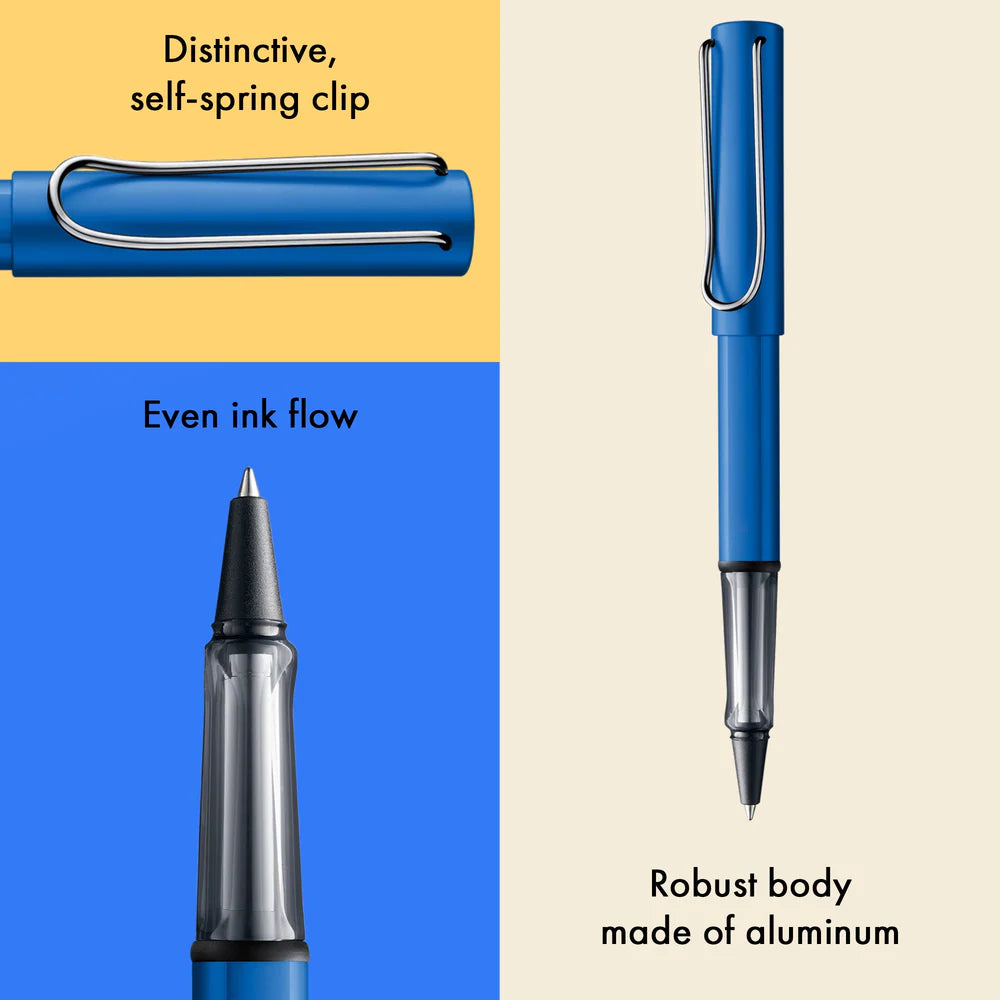 Light, lighter, LAMY AL-star: the writing classic made of resistant aluminium masters all challenges of everyday life in style. The transparent grip lies comfortably in the hand and, with an unobstructed view of the ink duct, turns the functional into a visual highlight. The series is ever inspiring with new special editions in current trendy colours and is thus an inspiring must-have in any pencil case.
Lightweight rollerball pen with ergonomic grip made of high-quality transparent plastic.
Distinctive m