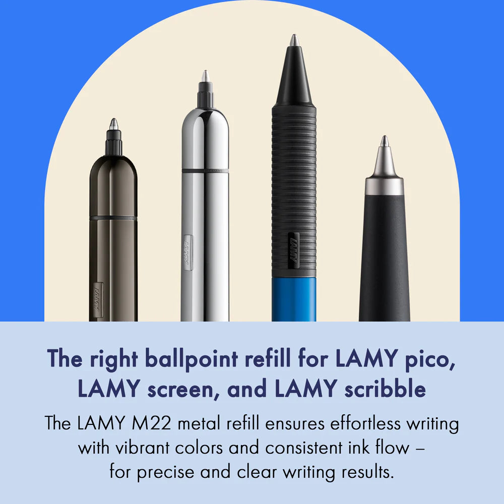 The LAMY M 22 metal ballpoint refill ensures smooth, consistent writing and a precise, refined writing style – perfect for everyday use. Available in blue and black – ideal for personalizing notes, letters, or sketches.
Compact ballpoint pen refill for LAMY pico and LAMY scribble / waterproof.
Includes 1 refill. 