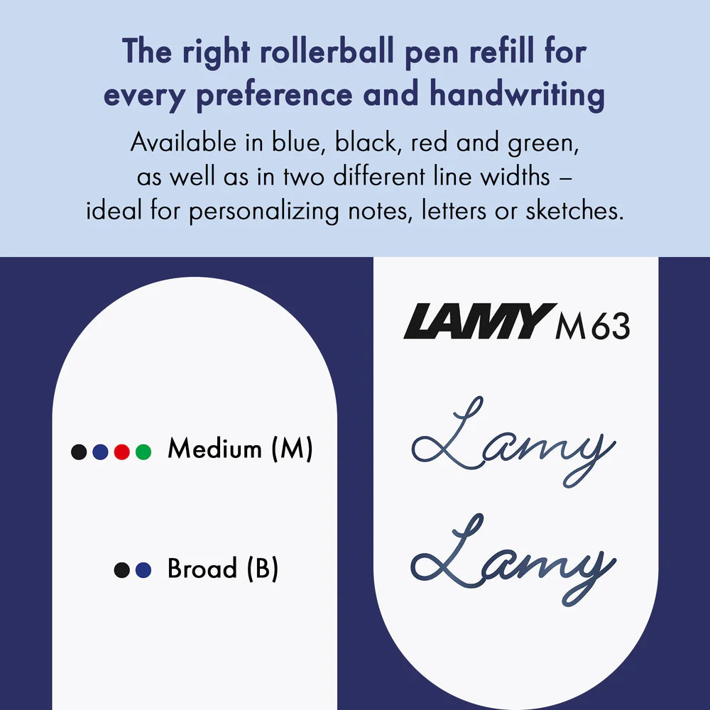 The LAMY M 63 metal rollerball refill ensures smooth, consistent writing and a precise, refined finish – perfect for everyday use. Available in blue and black for a medium line width – ideal for personalizing notes, letters, or sketches.
Refill for rollerball pens with cap.
Includes 1 refill. 