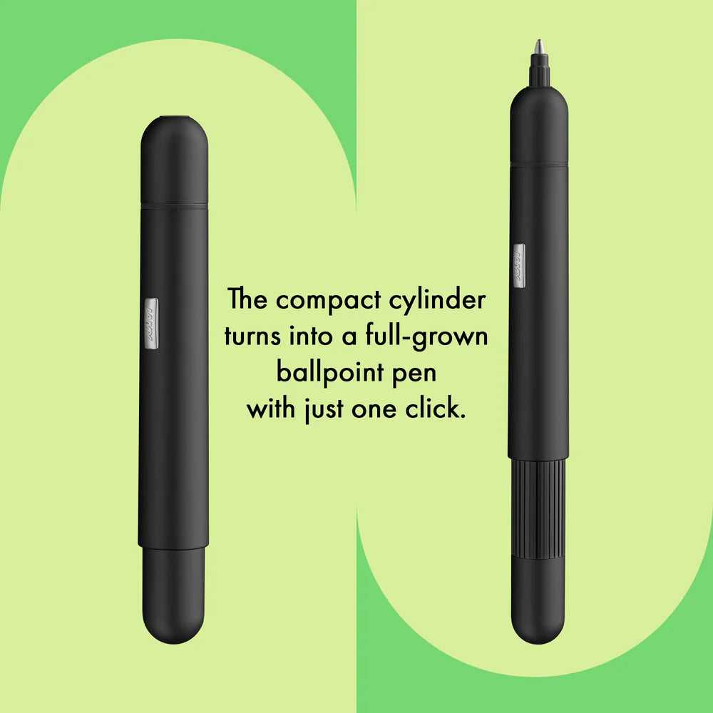 Innovative pocket pen full of transformative power.
The LAMY pico reaches unimagined greatness under pressure: the innovative pocket pen transforms into a full-size biro with just one finger movement thanks to an ingenious double push mechanism inside. Strikingly different and surprising, it brings a piece of innovation to even the smallest pencil case or even trouser pocket as a handy everyday companion.
Matte black lacquer finish with 1 refill of LAMY M 22 M black