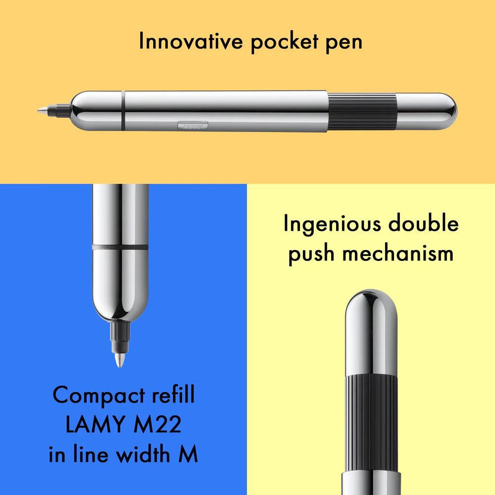 Innovative pocket pen full of transformative power.
The LAMY pico reaches unimagined greatness under pressure: the innovative pocket pen transforms into a full-size biro with just one finger movement thanks to an ingenious double push mechanism inside. Strikingly different and surprising, it brings a piece of innovation to even the smallest pencil case or even trouser pocket as a handy everyday companion.
Chrome finish with 1 refill of LAMY M 22 M black