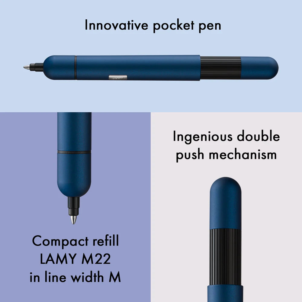 LAMY Pico Ballpoint Pen - Imperial Blue
Innovative pocket pen full of transformative power.
The LAMY pico reaches unimagined greatness under pressure: the innovative pocket pen transforms into a full-size biro with just one finger movement thanks to an ingenious double push mechanism inside. Strikingly different and surprising, it brings a piece of innovation to even the smallest pencil case or even trouser pocket as a handy everyday companion.
Matte dark blue lacquer finish with 1 refill of LAMY M