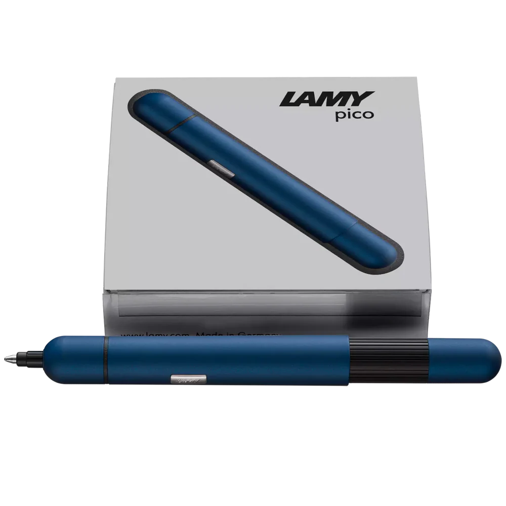 LAMY Pico Ballpoint Pen - Imperial Blue
Innovative pocket pen full of transformative power.
The LAMY pico reaches unimagined greatness under pressure: the innovative pocket pen transforms into a full-size biro with just one finger movement thanks to an ingenious double push mechanism inside. Strikingly different and surprising, it brings a piece of innovation to even the smallest pencil case or even trouser pocket as a handy everyday companion.
Matte dark blue lacquer finish with 1 refill of LAMY M