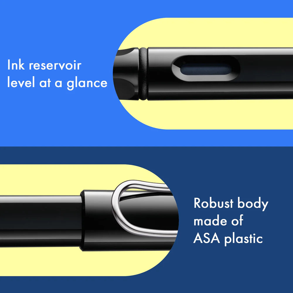 Fountain pen, icon, global success: the LAMY safari has been a beloved classic since its introduction in the 1980s and enjoys a cult status untypical for a writing instrument. Countless colours and ever-changing special editions make hearts beat faster - whether for the pencil case or the carefully curated fountain pen collection.
The LAMY safari is more than the sum of its details: it is aesthetic, robust and individual. The distinctive, self-sprung clip keeps the writing instrument securely fastened in p