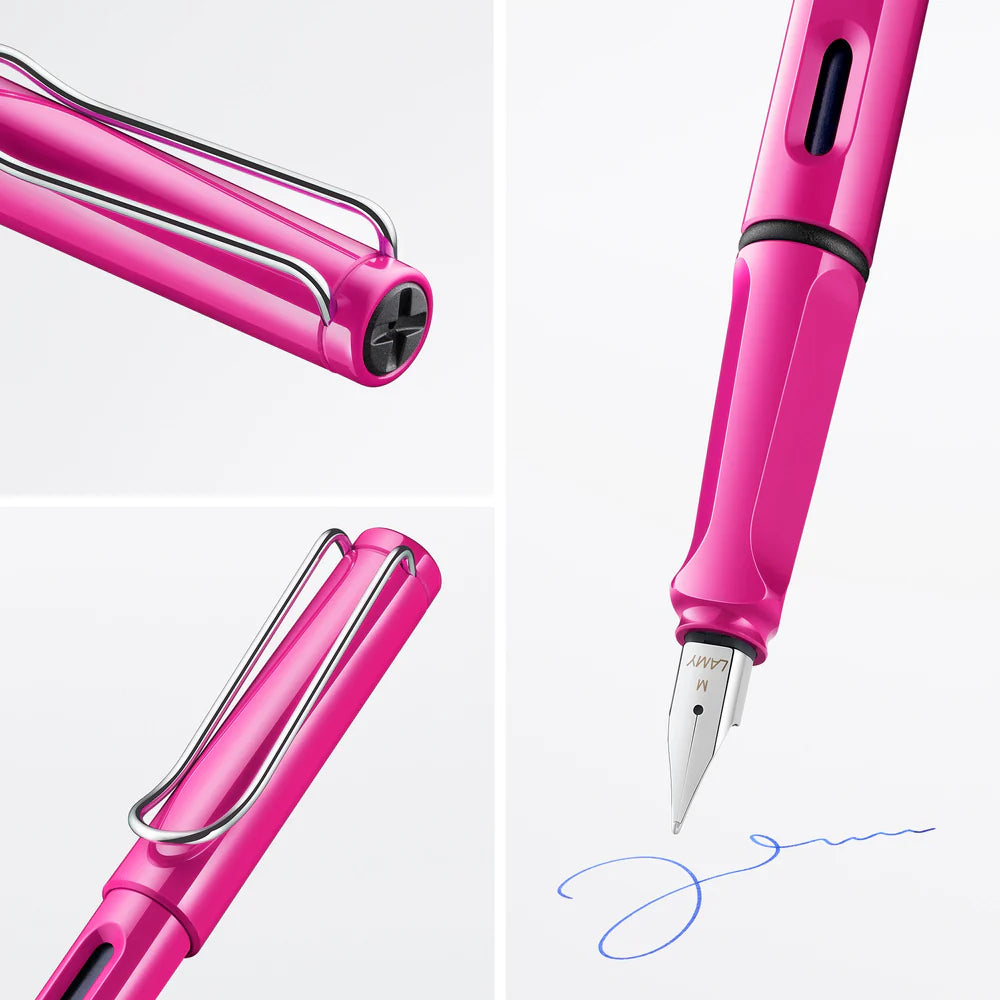 Fountain pen, icon, global success: the LAMY safari has been a beloved classic since its introduction in the 1980s and enjoys a cult status untypical for a writing instrument. Countless colours and ever-changing special editions make hearts beat faster - whether for the pencil case or the carefully curated fountain pen collection.
The LAMY safari is more than the sum of its details: it is aesthetic, robust and individual. The distinctive, self-sprung clip keeps the writing instrument securely fastened in p
