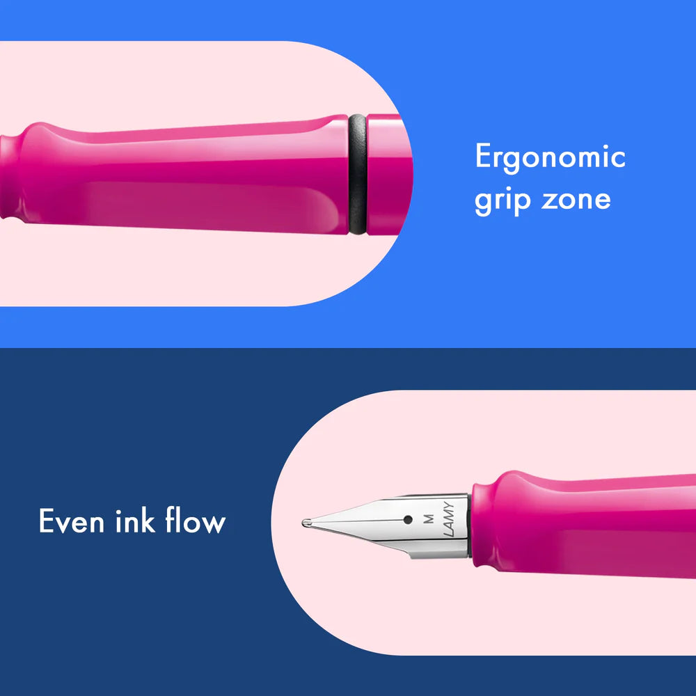 Fountain pen, icon, global success: the LAMY safari has been a beloved classic since its introduction in the 1980s and enjoys a cult status untypical for a writing instrument. Countless colours and ever-changing special editions make hearts beat faster - whether for the pencil case or the carefully curated fountain pen collection.
The LAMY safari is more than the sum of its details: it is aesthetic, robust and individual. The distinctive, self-sprung clip keeps the writing instrument securely fastened in p