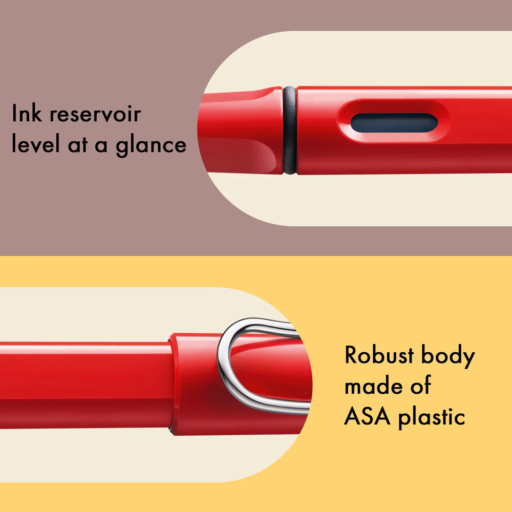 Fountain pen, icon, global success: the LAMY safari has been a beloved classic since its introduction in the 1980s and enjoys a cult status untypical for a writing instrument. Countless colours and ever-changing special editions make hearts beat faster - whether for the pencil case or the carefully curated fountain pen collection.
The LAMY safari is more than the sum of its details: it is aesthetic, robust and individual. The distinctive, self-sprung clip keeps the writing instrument securely fastened in p
