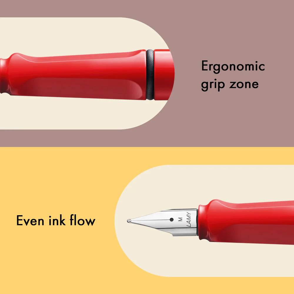Fountain pen, icon, global success: the LAMY safari has been a beloved classic since its introduction in the 1980s and enjoys a cult status untypical for a writing instrument. Countless colours and ever-changing special editions make hearts beat faster - whether for the pencil case or the carefully curated fountain pen collection.
The LAMY safari is more than the sum of its details: it is aesthetic, robust and individual. The distinctive, self-sprung clip keeps the writing instrument securely fastened in p