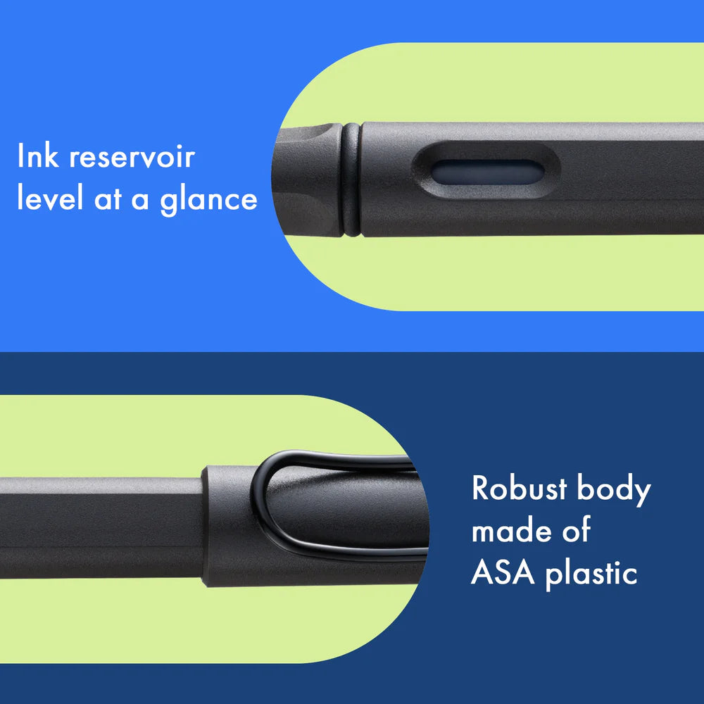 Fountain pen, icon, global success: the LAMY safari has been a beloved classic since its introduction in the 1980s and enjoys a cult status untypical for a writing instrument. Countless colours and ever-changing special editions make hearts beat faster - whether for the pencil case or the carefully curated fountain pen collection.
The LAMY safari is more than the sum of its details: it is aesthetic, robust and individual. The distinctive, self-sprung clip keeps the writing instrument securely fastened in p