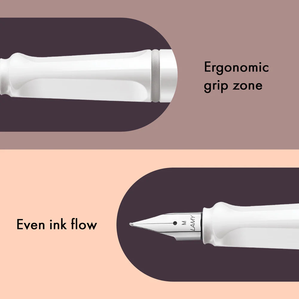 Fountain pen, icon, global success: the LAMY safari has been a beloved classic since its introduction in the 1980s and enjoys a cult status untypical for a writing instrument. Countless colours and ever-changing special editions make hearts beat faster - whether for the pencil case or the carefully curated fountain pen collection.
The LAMY safari is more than the sum of its details: it is aesthetic, robust and individual. The distinctive, self-sprung clip keeps the writing instrument securely fastened in p