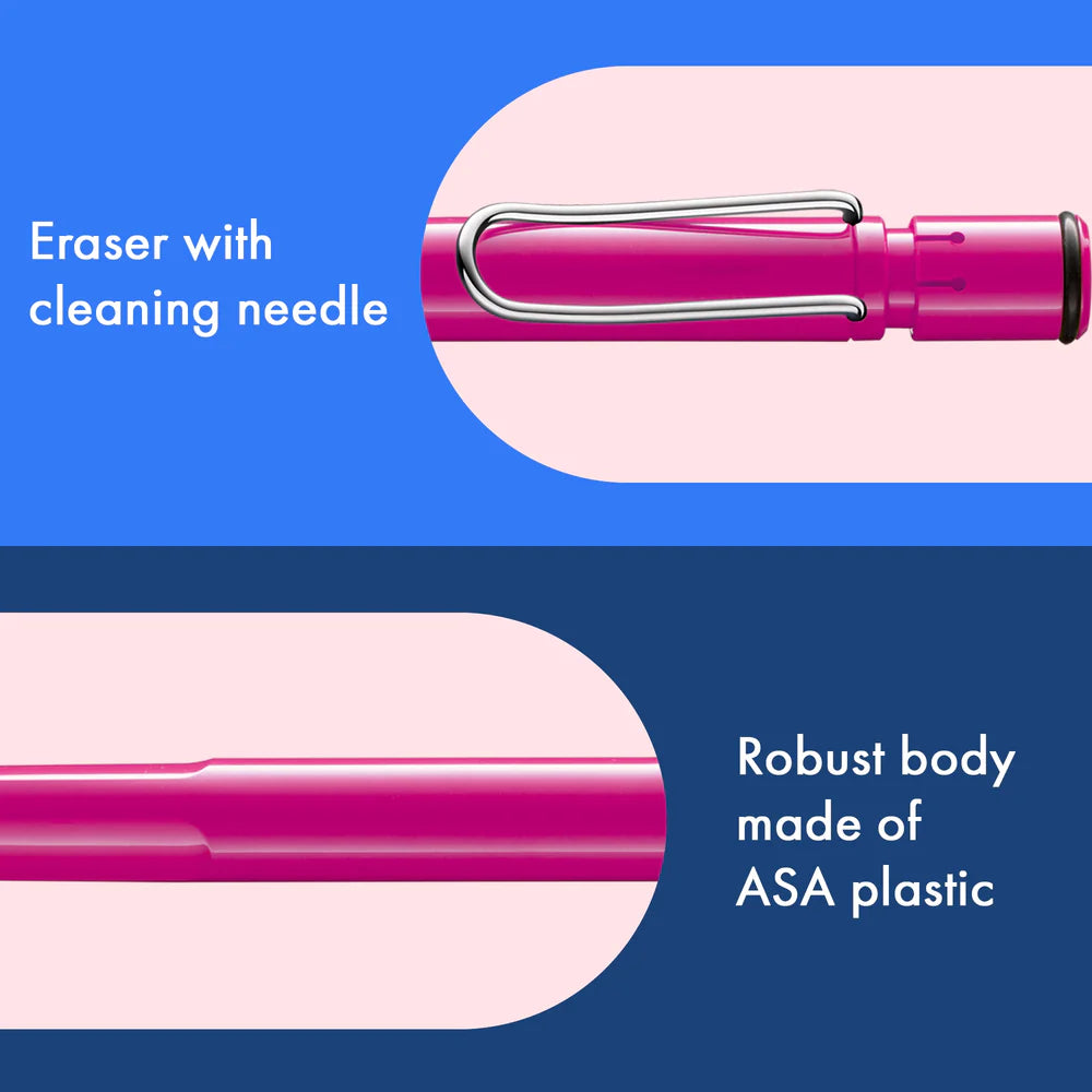 Fountain pen, icon, global success: the LAMY safari has been a beloved classic since its introduction in the 1980s and enjoys a cult status untypical for a writing instrument. Countless colours and ever-changing special editions make hearts beat faster - whether for the pencil case or the carefully curated fountain pen collection.
The LAMY safari is more than the sum of its details: it is aesthetic, robust and individual. The distinctive, self-sprung clip keeps the writing instrument securely fastened in p