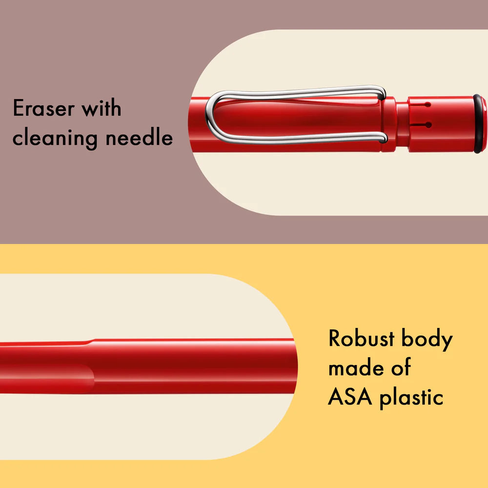Fountain pen, icon, global success: the LAMY safari has been a beloved classic since its introduction in the 1980s and enjoys a cult status untypical for a writing instrument. Countless colours and ever-changing special editions make hearts beat faster - whether for the pencil case or the carefully curated fountain pen collection.
The LAMY safari is more than the sum of its details: it is aesthetic, robust and individual. The distinctive, self-sprung clip keeps the writing instrument securely fastened in p