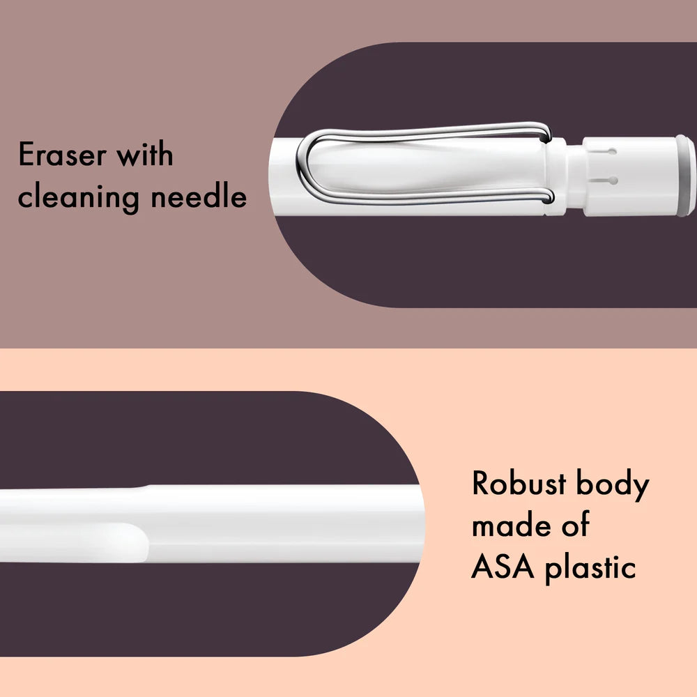 Fountain pen, icon, global success: the LAMY safari has been a beloved classic since its introduction in the 1980s and enjoys a cult status untypical for a writing instrument. Countless colours and ever-changing special editions make hearts beat faster - whether for the pencil case or the carefully curated fountain pen collection.
The LAMY safari is more than the sum of its details: it is aesthetic, robust and individual. The distinctive, self-sprung clip keeps the writing instrument securely fastened in p