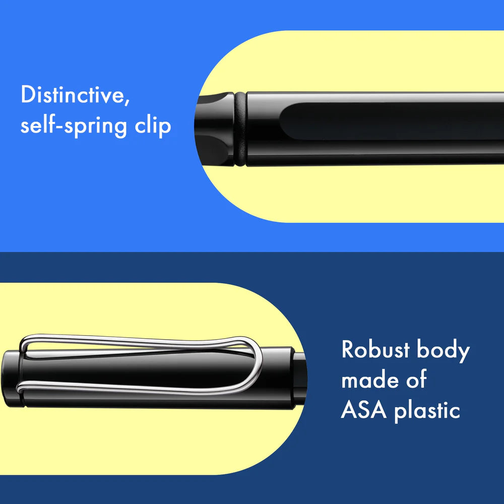 Fountain pen, icon, global success: the LAMY safari has been a beloved classic since its introduction in the 1980s and enjoys a cult status untypical for a writing instrument. Countless colours and ever-changing special editions make hearts beat faster - whether for the pencil case or the carefully curated fountain pen collection.
The LAMY safari is more than the sum of its details: it is aesthetic, robust and individual. The distinctive, self-sprung clip keeps the writing instrument securely fastened in p
