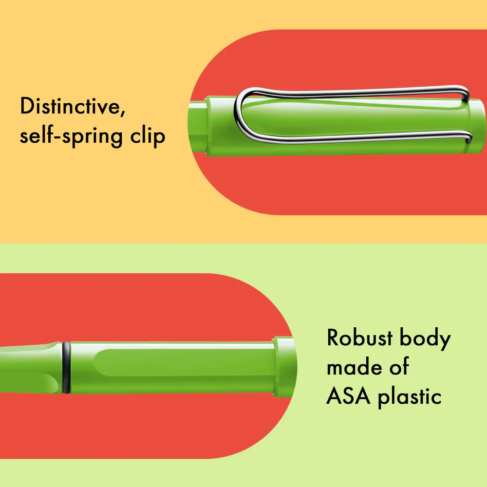 Fountain pen, icon, global success: the LAMY safari has been a beloved classic since its introduction in the 1980s and enjoys a cult status untypical for a writing instrument. Countless colours and ever-changing special editions make hearts beat faster - whether for the pencil case or the carefully curated fountain pen collection.
The LAMY safari is more than the sum of its details: it is aesthetic, robust and individual. The distinctive, self-sprung clip keeps the writing instrument securely fastened in p