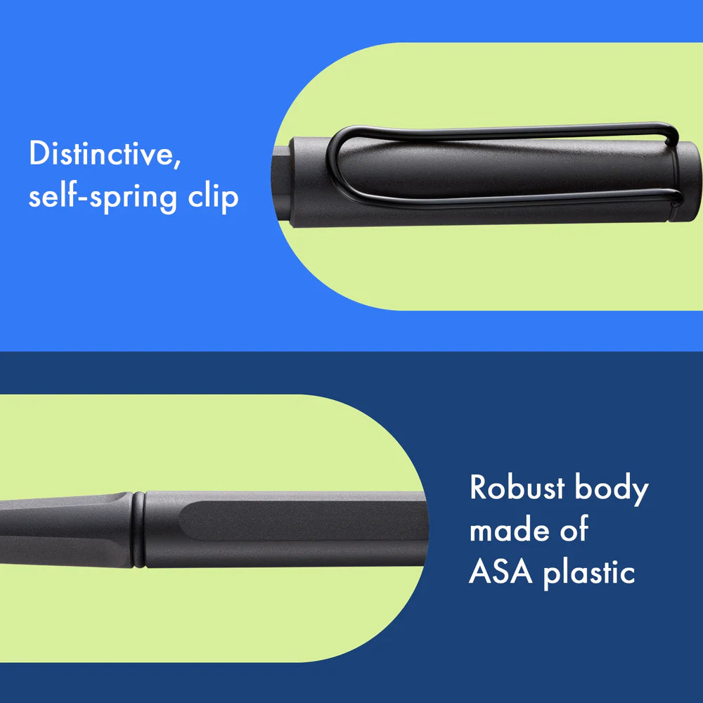 Fountain pen, icon, global success: the LAMY safari has been a beloved classic since its introduction in the 1980s and enjoys a cult status untypical for a writing instrument. Countless colours and ever-changing special editions make hearts beat faster - whether for the pencil case or the carefully curated fountain pen collection.
The LAMY safari is more than the sum of its details: it is aesthetic, robust and individual. The distinctive, self-sprung clip keeps the writing instrument securely fastened in p