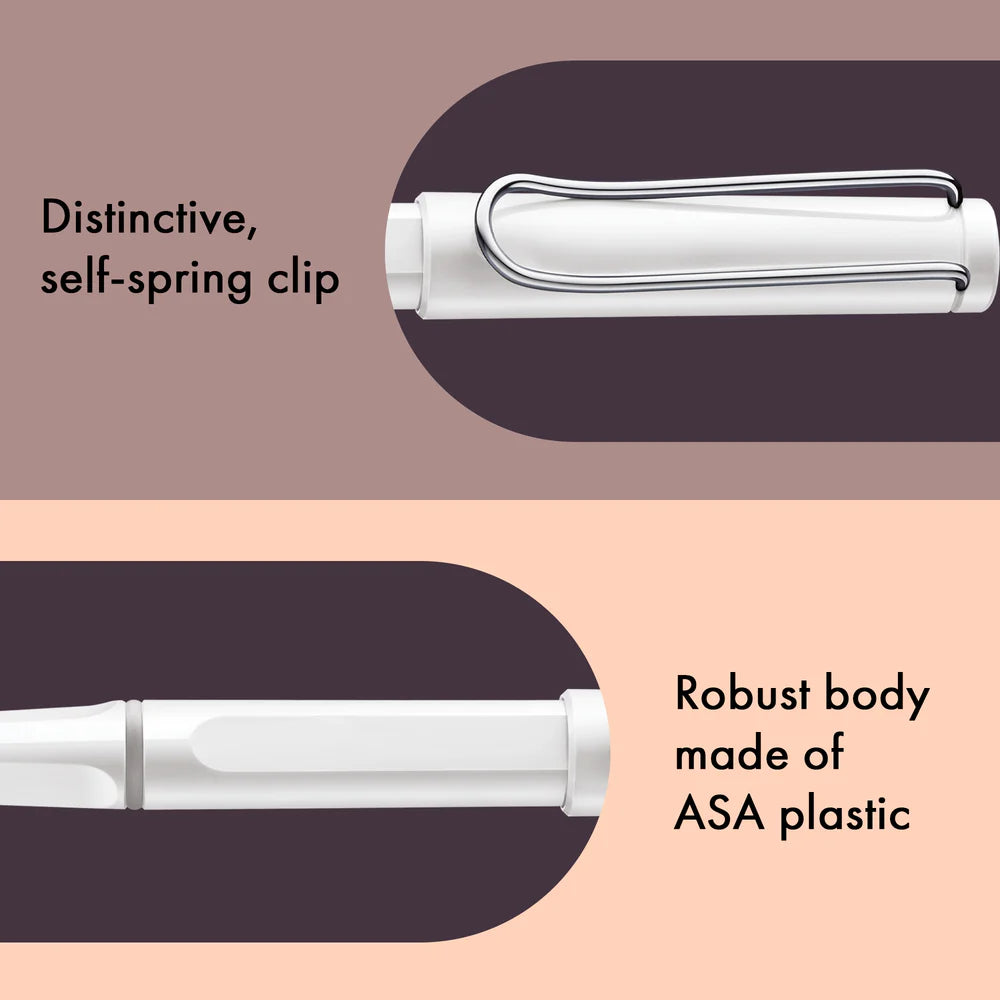 Fountain pen, icon, global success: the LAMY safari has been a beloved classic since its introduction in the 1980s and enjoys a cult status untypical for a writing instrument. Countless colours and ever-changing special editions make hearts beat faster - whether for the pencil case or the carefully curated fountain pen collection.
The LAMY safari is more than the sum of its details: it is aesthetic, robust and individual. The distinctive, self-sprung clip keeps the writing instrument securely fastened in p