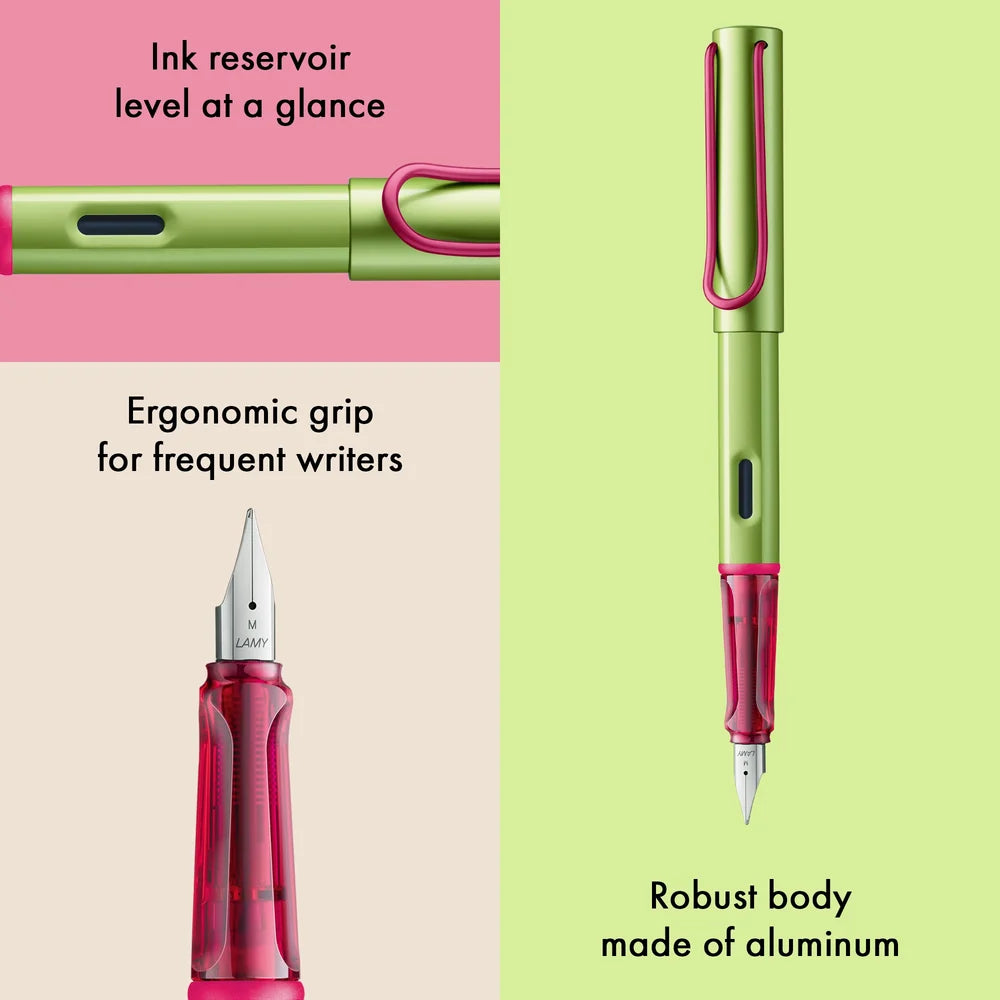 LAMY Special Edition AL-Star Fountain Pen - Disco
Light, lighter, LAMY AL-star: the writing classic made of resistant aluminium masters all challenges of everyday life in style. The transparent grip lies comfortably in the hand and, with an unobstructed view of the ink duct, turns the functional into a visual highlight. The series is ever inspiring with new special editions in current trendy colours and is thus an inspiring must-have in any pencil case.
Lightweight fountain pen with polished steel nib and