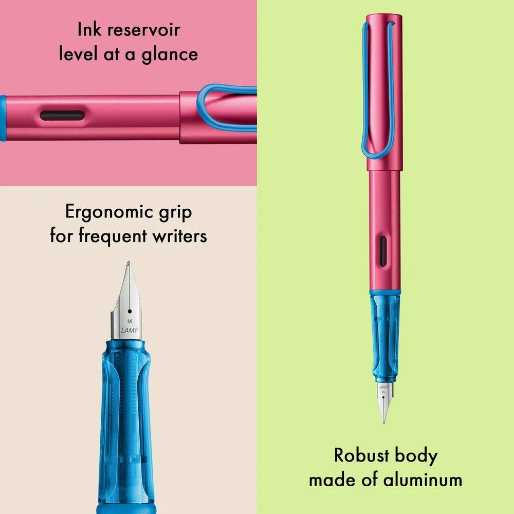 LAMY Special Edition AL-Star Fountain Pen - Rollerskate
Light, lighter, LAMY AL-star: the writing classic made of resistant aluminium masters all challenges of everyday life in style. The transparent grip lies comfortably in the hand and, with an unobstructed view of the ink duct, turns the functional into a visual highlight. The series is ever inspiring with new special editions in current trendy colours and is thus an inspiring must-have in any pencil case.
Lightweight fountain pen with polished steel n