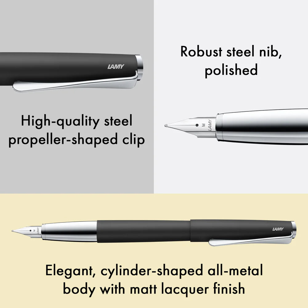The LAMY studio convinces with timeless elegance and a universal design. The slightly curved, slim shape of its all-metal body seamlessly emerges from the individual case parts and is deliberately minimalist. The gentle curvature and harmonious proportions make the clip the trademark of the LAMY studio: it contrasts the matter-of-fact basic shape with an innovative design accent and creates a unique overall appearance.
The LAMY studio is assembled by hand at the LAMY craftsman's workshop in Heidelberg. In