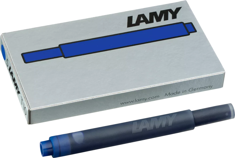 With their intense colors and long range, the LAMY T10 large capacity ink cartridges ensure pleasant, even writing - whether in everyday life, in the office, or at school. The ink cartridges offer an even flow and provide a smooth, precise writing experience for stylish writing without scratches. These ink cartridges fit all Lamy fountain pens, except the LAMY 2000.
Includes 5 cartridges with a 1.25ml capacity in each pack.