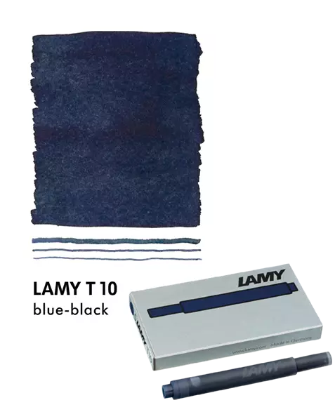 With their intense colors and long range, the LAMY T10 large capacity ink cartridges ensure pleasant, even writing - whether in everyday life, in the office, or at school. The ink cartridges offer an even flow and provide a smooth, precise writing experience for stylish writing without scratches. These ink cartridges fit all Lamy fountain pens, except the LAMY 2000.
Includes 5 cartridges with a 1.25ml capacity in each pack.