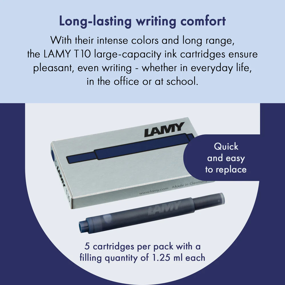 With their intense colors and long range, the LAMY T10 large capacity ink cartridges ensure pleasant, even writing - whether in everyday life, in the office, or at school. The ink cartridges offer an even flow and provide a smooth, precise writing experience for stylish writing without scratches. These ink cartridges fit all Lamy fountain pens, except the LAMY 2000.
Includes 5 cartridges with a 1.25ml capacity in each pack.