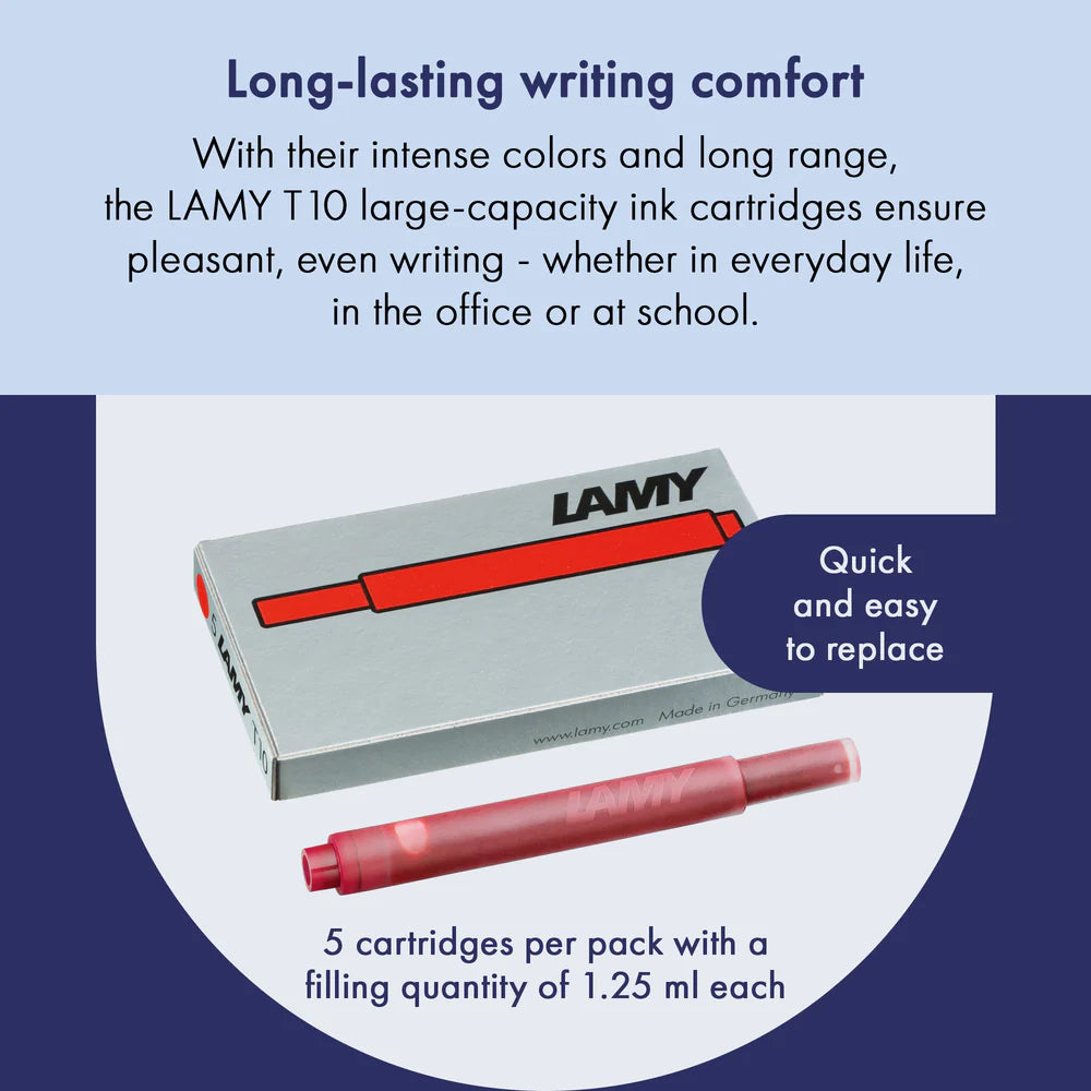 With their intense colors and long range, the LAMY T10 large capacity ink cartridges ensure pleasant, even writing - whether in everyday life, in the office, or at school. The ink cartridges offer an even flow and provide a smooth, precise writing experience for stylish writing without scratches. These ink cartridges fit all Lamy fountain pens, except the LAMY 2000.
Includes 5 cartridges with a 1.25ml capacity in each pack.