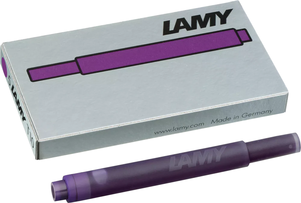 With their intense colors and long range, the LAMY T10 large capacity ink cartridges ensure pleasant, even writing - whether in everyday life, in the office, or at school. The ink cartridges offer an even flow and provide a smooth, precise writing experience for stylish writing without scratches. These ink cartridges fit all Lamy fountain pens, except the LAMY 2000.
Includes 5 cartridges with a 1.25ml capacity in each pack.