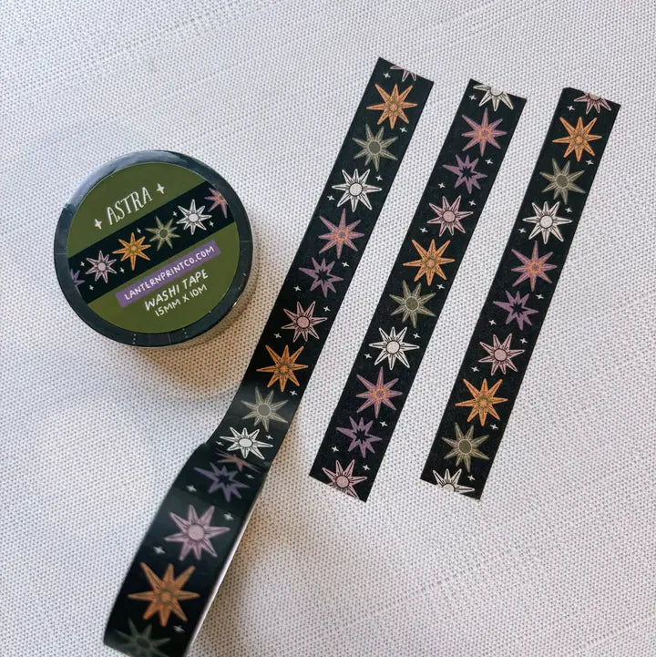 Removable Washi craft tape for journaling and crafting; featuring whimsical celestial stars.
15mm x 10m
Shrink wrap packaging with label