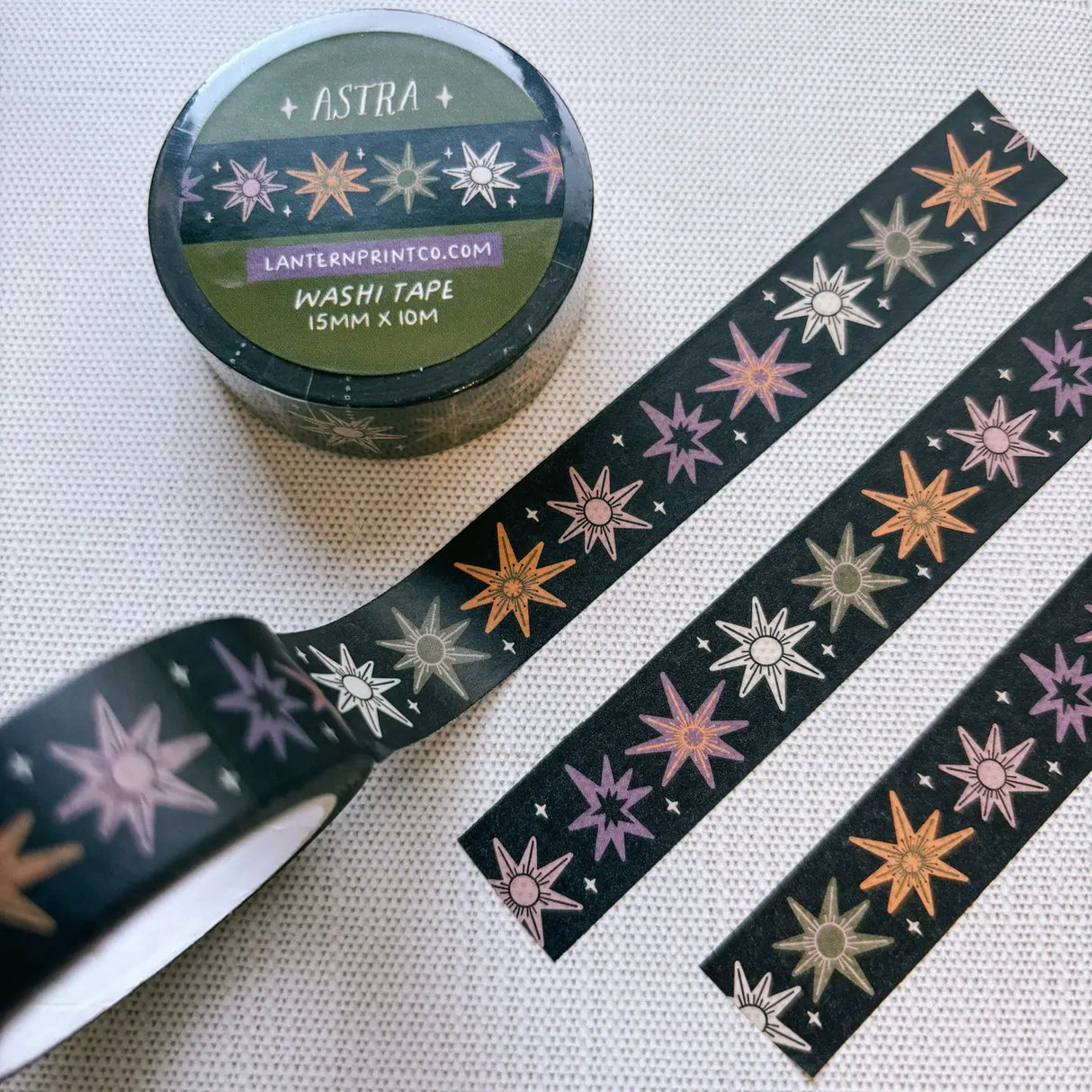 Removable Washi craft tape for journaling and crafting; featuring whimsical celestial stars.
15mm x 10m
Shrink wrap packaging with label