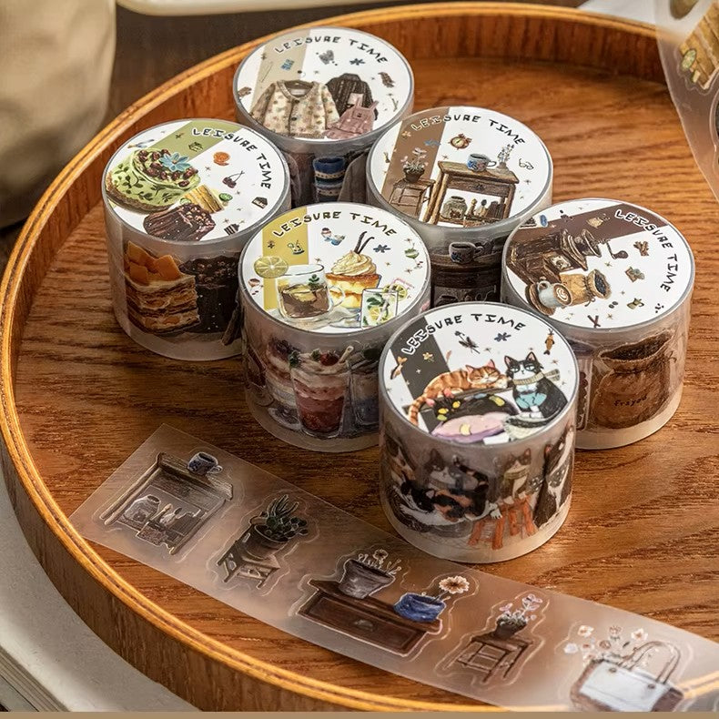 Sit back and relax with the finer things in life with these adorable PET tapes. Each tape represents a different area of leisure from coffee, cats, clothing, and desserts. These tapes are perfect for journaling, making cards and gift tags, and more.
Kiss Cut
Includes 1 roll of PET tape