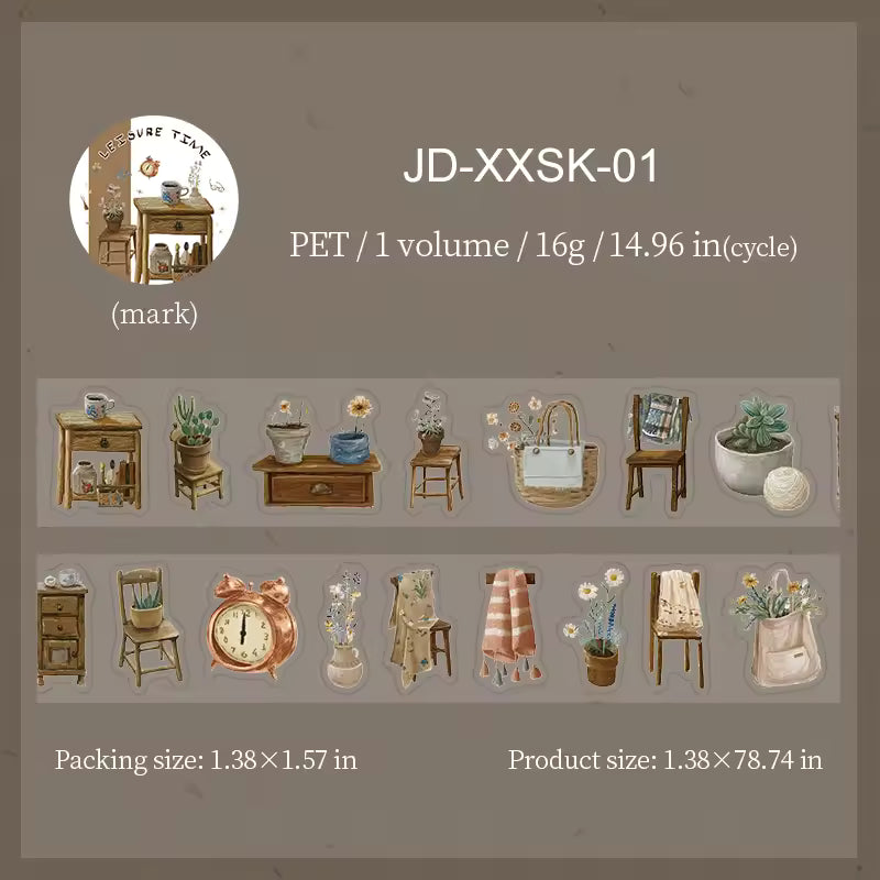 Sit back and relax with the finer things in life with these adorable PET tapes. Each tape represents a different area of leisure from coffee, cats, clothing, and desserts. These tapes are perfect for journaling, making cards and gift tags, and more.
Kiss Cut
Includes 1 roll of PET tape
