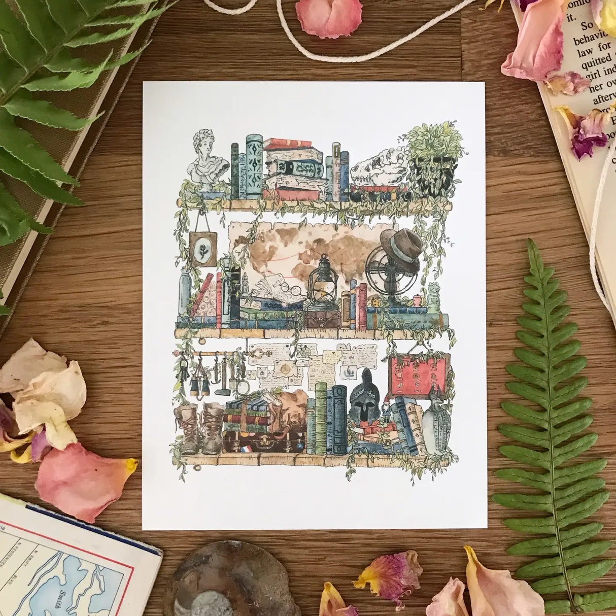 Postcard featuring my original watercolor and ink illustration of the vintage oddities and books tucked away in the shelves of an archaeologist, including a tiny lawn gnome! This painting was inspired by some of my favorite childhood movies, including Indiana Jones, the Mummy, and Jurassic Park.
• Printed on high quality card stock
• Each postcard measures 4.25 x 5.5" (A2)