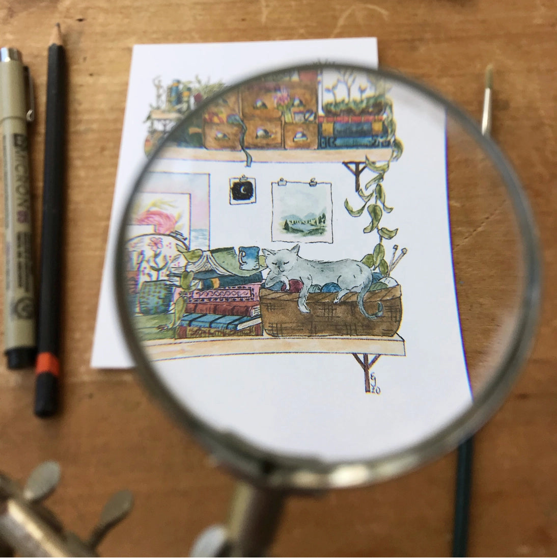 Postcard featuring my original watercolor and ink illustration of the oddities and books tucked away in the shelves of an artist.
• Printed on high quality card stock
• Each postcard measures 4.25 x 5.5" (A2)