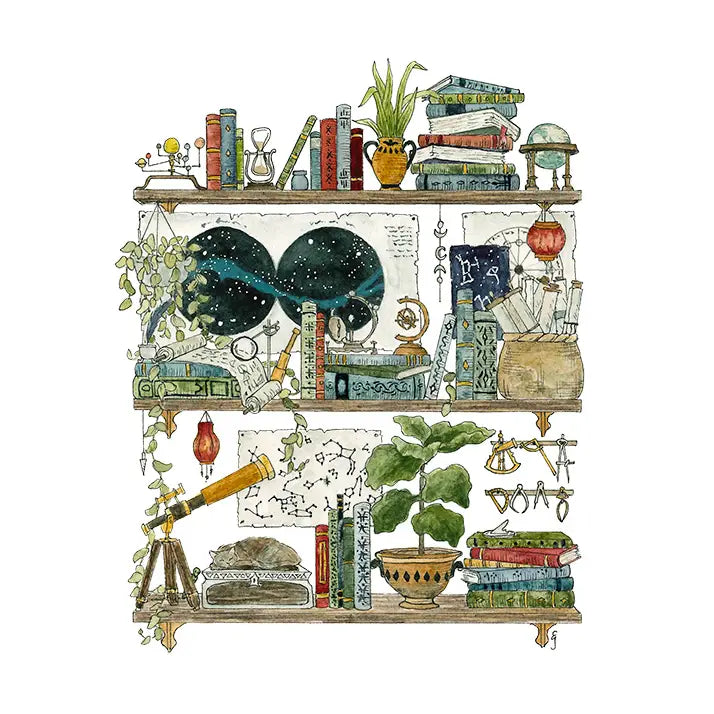 Postcard featuring my original watercolor and ink illustration of the oddities and books tucked away in the shelves of an inquisitive astronomer, including several star charts and a sleeping cat.
• Printed on high quality card stock
• Each postcard measures 4.25 x 5.5" (A2)