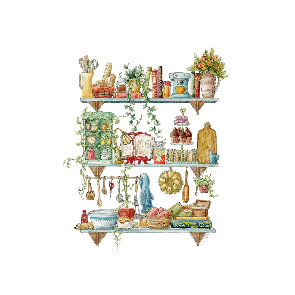 Postcard featuring my original watercolor and ink illustration of the vintage oddities and books tucked away in the shelves of a vintage baker, including a well-loved recipe book, a mixing bowl, and a tower of tasty treats.
• Printed on high quality card stock
• Each postcard measures 4.25 x 5.5" (A2)