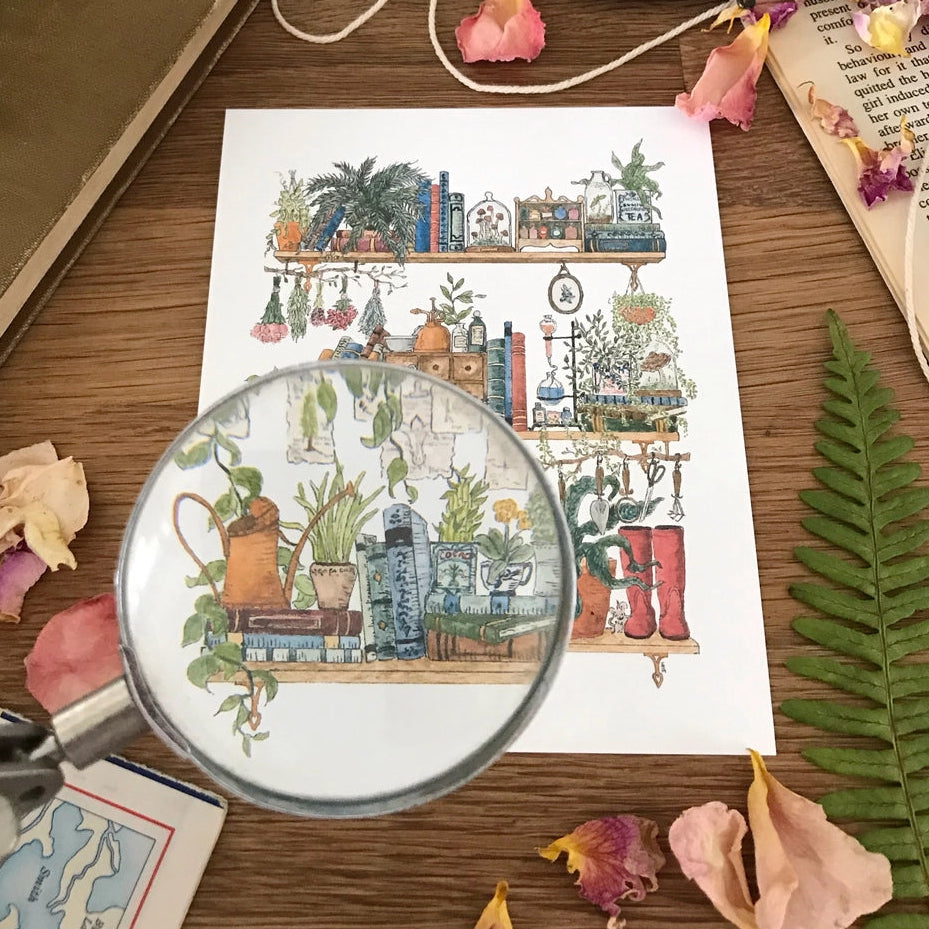 Lizzy Gass Postcard - The Botanist's Shelves
Postcard featuring my original watercolor and ink illustration of the vintage oddities and books tucked away in the shelves of a botanist, including lots of mushrooms, a tiny mouse, and red rain boots for traipsing through forests and fields to collect samples.
• Printed and cut in my studio on high quality, matte card using archival ink
• Each postcard measures 4.25 x 5.5" (A2)