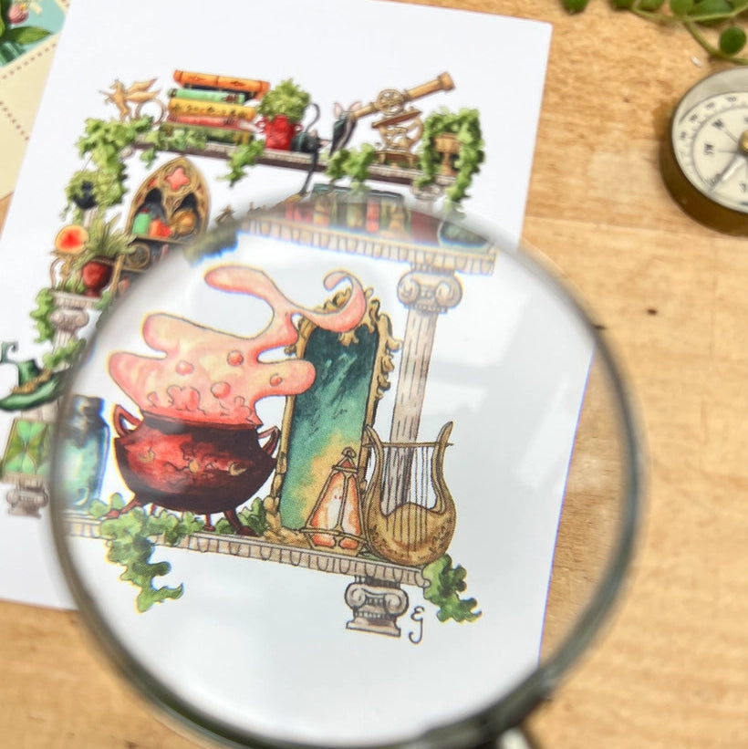 Postcard featuring my original watercolor and ink illustration of the oddities, tools, and mischievous creatures tucked away in the shelves of a celestial witch, including an inquisitive cat and a stargazing bat.
• Each postcard measures 4.25 x 5.5" (A2)
• Printed on high quality card stock