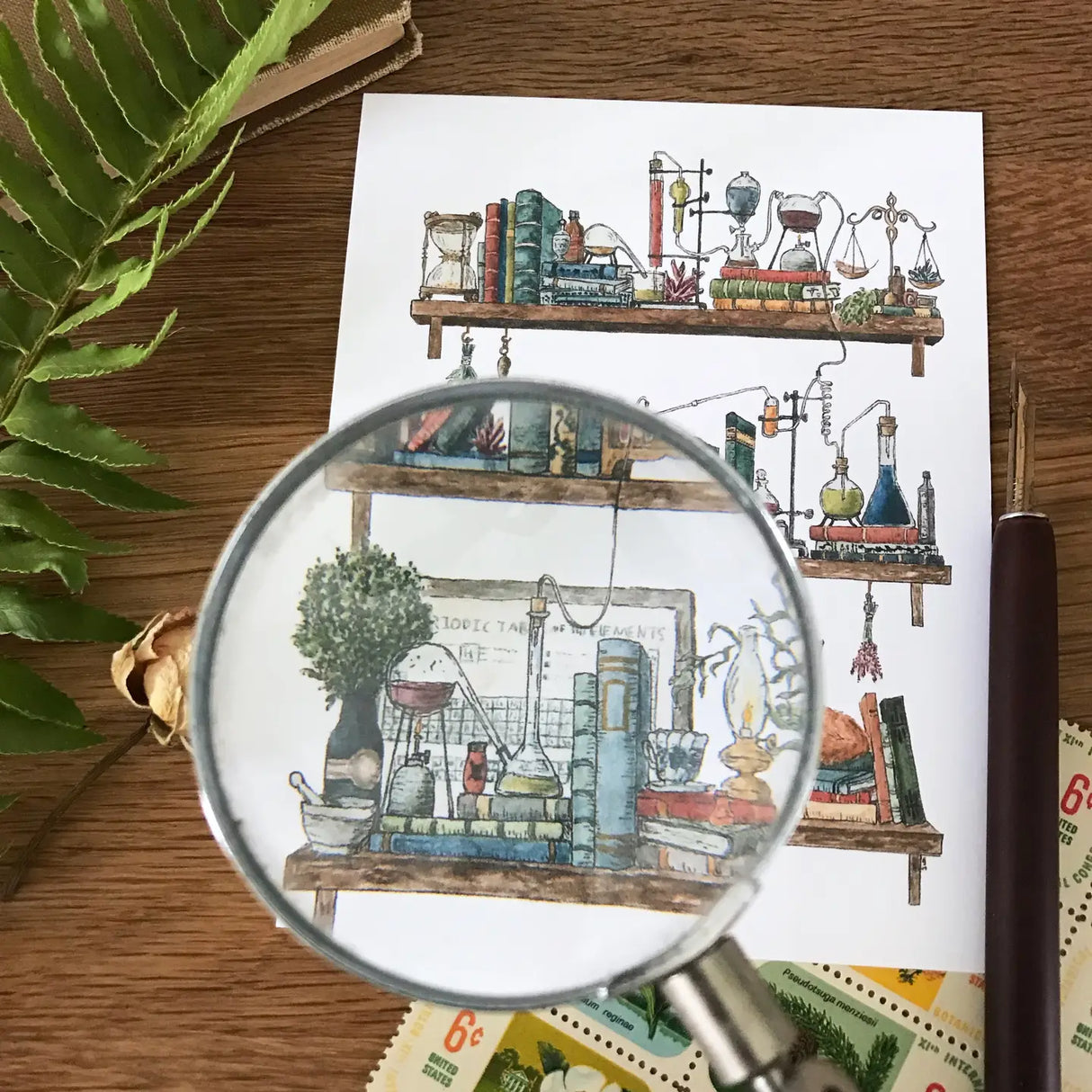 Postcard featuring my original watercolor and ink illustration of the vintage oddities and books tucked away in the shelves of a chemist, including Schrödinger's cat!
• Printed on high quality card stock
• Each postcard measures 4.25 x 5.5" (A2)