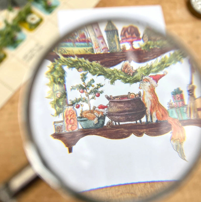 Postcard featuring my original watercolor and ink illustration of the magical foxes and delightfully whimsical holiday items arranged on the shelves of a Christmas witch, including a tiny mouse reading a book, beautifully wrapped presents, and portraits of the witch's friends.
• Printed on high quality card stock
• Each postcard measures 4.25 x 5.5" (A2)