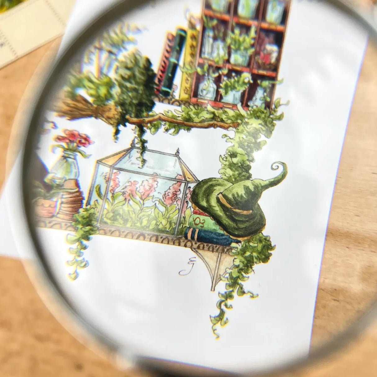 Postcard featuring my original watercolor and ink illustration of the various plants, creatures, and beautiful books nestled on the shelf of a garden witch, including a tiny frog and hedgehog enjoying some itty bitty books, stained glass greenhouses, and endless climbing vines.