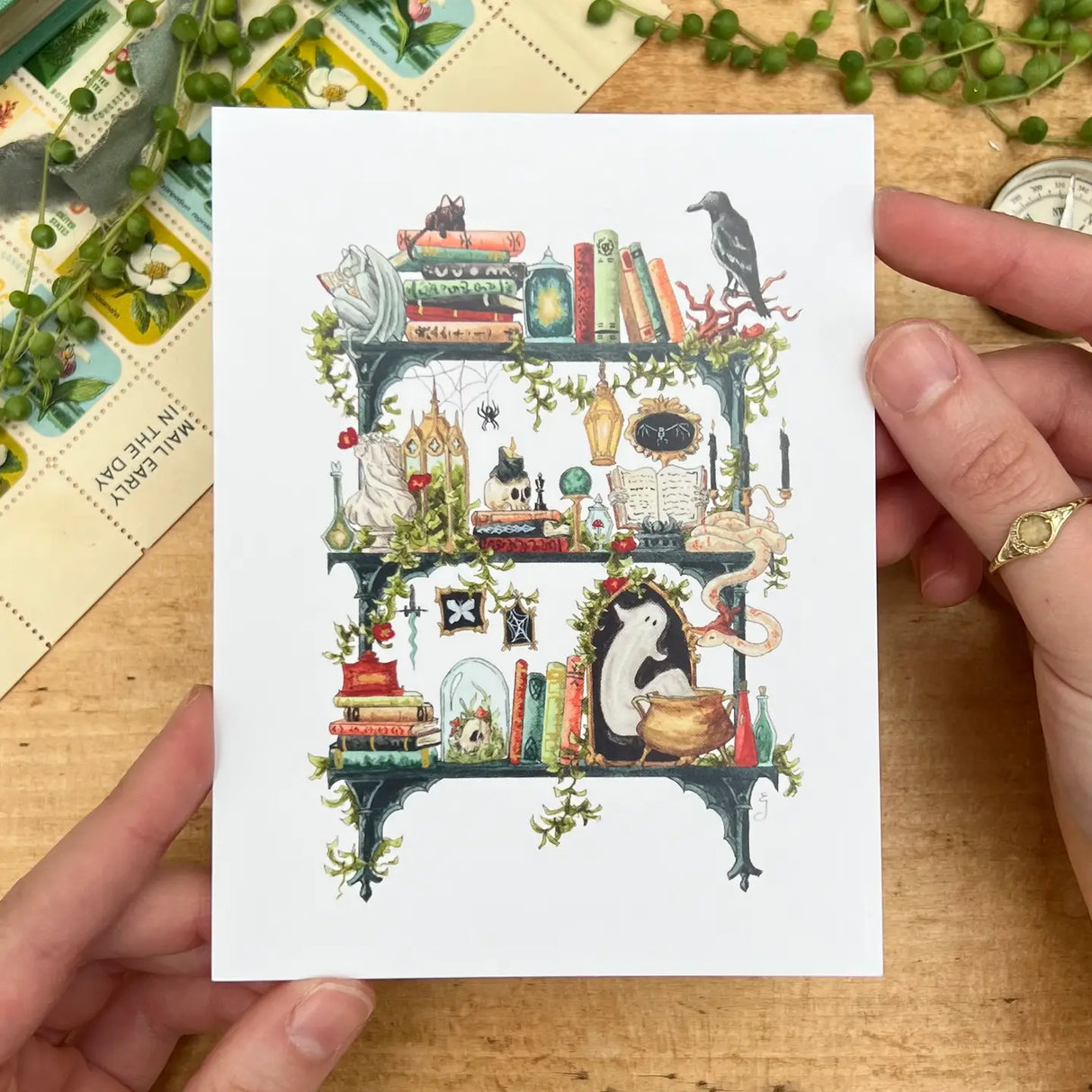 Postcard featuring my original watercolor and ink illustration of the oddities, spooky creatures, and enchanting books tucked away on the shelves of a gothic witch, including a gargoyle enjoying a book, a snake chatting with a spider, and a mysterious ghost.